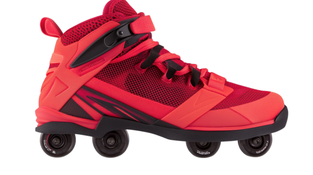 Bright red athletic roller shoe featuring black mesh details a strap laces and four black wheels isolated side view