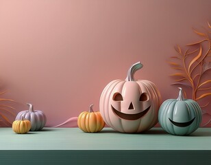 Enchanting Halloween Tableau: A whimsical arrangement of smiling pumpkins in varying hues forms a delightful Halloween display, inviting a sense of seasonal cheer and playful artistry.
