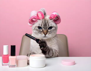 A cat sitting at a vanity table with makeup products, wearing pink hair rollers and holding mascara. Perfect for beauty, cosmetics, and humorous pet-themed designs.
