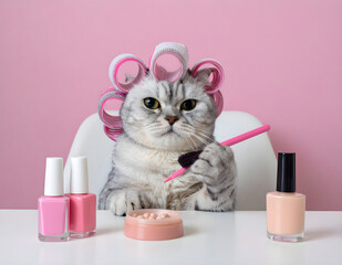 A cat sitting at a vanity table with makeup products, wearing pink hair rollers and holding mascara. Perfect for beauty, cosmetics, and humorous pet-themed designs.