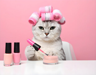 A cat sitting at a vanity table with makeup products, wearing pink hair rollers and holding mascara. Perfect for beauty, cosmetics, and humorous pet-themed designs.
