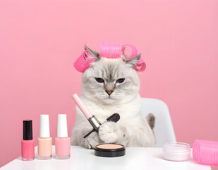 A cat sitting at a vanity table with makeup products, wearing pink hair rollers and holding mascara. Perfect for beauty, cosmetics, and humorous pet-themed designs.