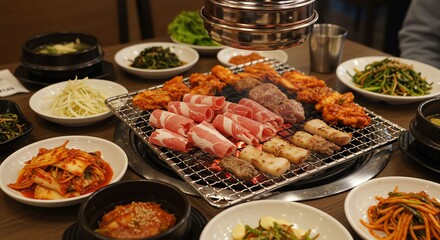 Obraz premium Barbecue Grill with Assorted Meat and Side Dishes in Korean Cuisine Style
