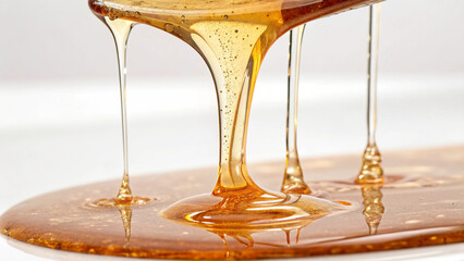 Golden Organic Honey Dripping Slowly on a White Background