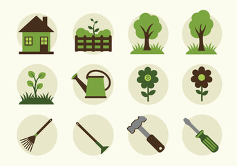 Set of gardening icons flat vector illustration of garden tools and plants isolated on a light background on transparent background