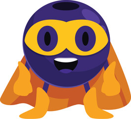 Cartoon illustration of a bowling ball superhero wearing an orange cape and mask showing thumbs up