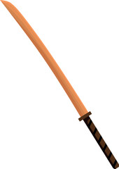 Sharp wooden katana sword pointing upward, isolated on a white background, representing japanese martial arts and samurai culture