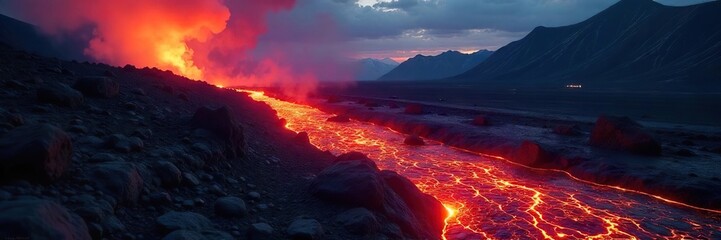Incandescent Lava Flowing Down Volcanic Slope at Night Dramatic Fiery Spectacle of Natures Destructive Power