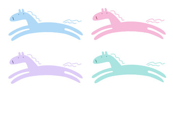 パステルカラーのガーリーな馬4匹のセットイラスト　2026 年賀状イラスト