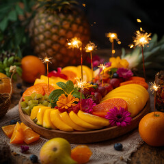 christmas table with fruits and festive decorations