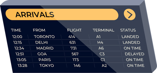 Obraz premium Airport arrivals board displaying real time flight information, including destinations, arrival times, and status updates