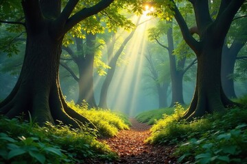 Sun-Dappled Forest Ancient Trees and Lush Undergrowth in a Peaceful Woodland