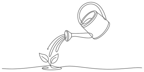 Continuous line drawing of a watering can pouring water onto a small plant growing from the ground vector