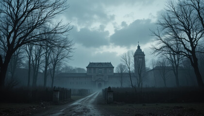 A haunting scene unfolds with a gothic building shrouded in mist, bare trees, and a long, wet road leading to the entrance.