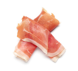 Delicious prosciutto slices on white background