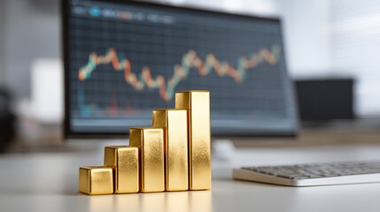 Bar graph with gold bars.business and finance concept.
