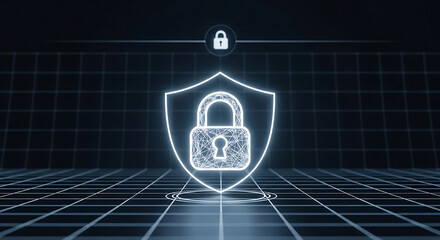 Glowing security shield with padlock on a grid background representing digital safety and protection