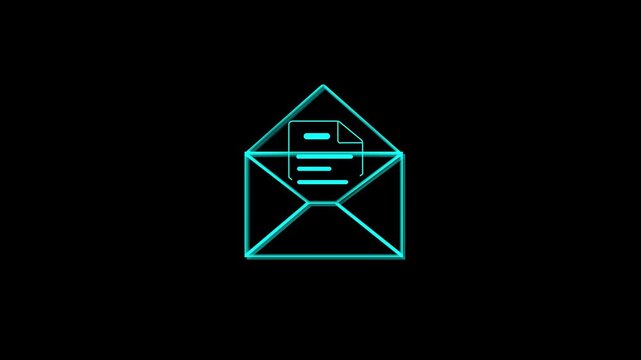 Cyan outline of an open envelope with a document inside on a black background letter paper