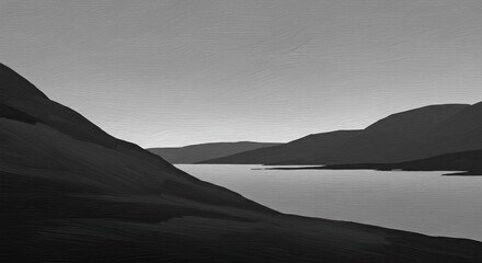 A serene, grayscale landscape painting depicts a tranquil lake nestled between sloping hills.