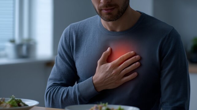 Man with heartburn after eating, hand on chest at home dining table, close up