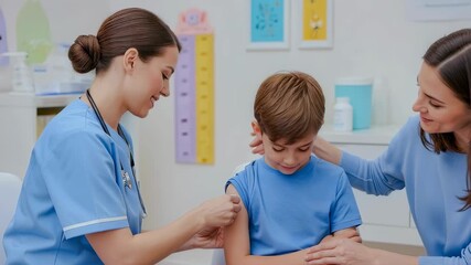 Female doctor applying bandage to boy after vaccine while mother comforts him in consultation room, medical procedure footage. - Powered by Adobe