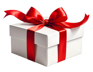 Fototapeta premium Elegant white gift box with a large red satin ribbon bow isolated on a plain white background.