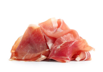Delicious prosciutto slices on white background