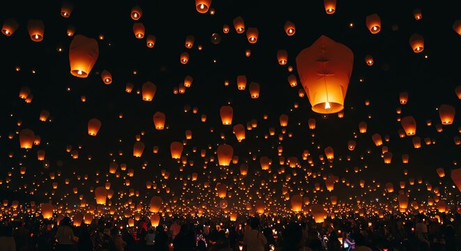 Traditional Sky Lantern Festival at Night with Thousands of Floating Lanterns