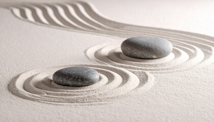 Minimalist Japanese rock garden concept with two smooth grey stones resting on raked white sand for balance, harmony, and meditation
