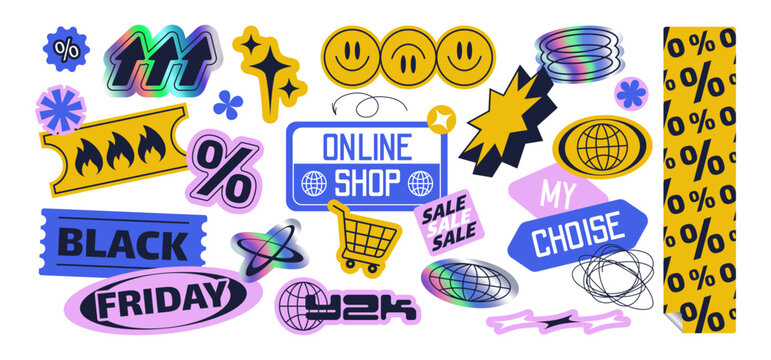Y2k label stickers with retro digital aesthetic - percentage symbol, smiling face, Black Friday text, online shop badge and shopping cart icon. Nostalgic internet culture elements for vintage design