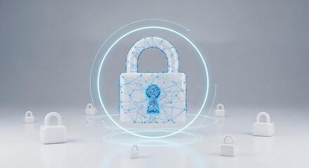 A digital padlock with a glowing outline and smaller padlocks scattered on a white surface