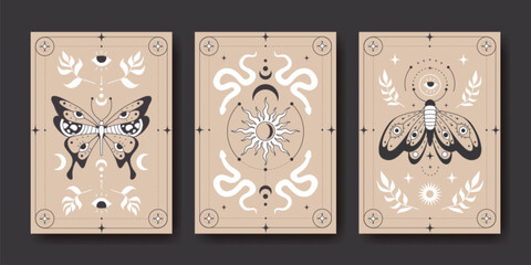 Boho mystic poster set with celestial and butterfly themes on beige backgrounds - tarot card aesthetic with moons and sun, serpent and moth. Spiritual wellness designs for meditation studios.