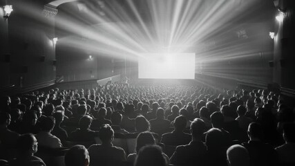Black and white video concept of a packed theater, captured from the back. Dramatic light beams from the screen create a nostalgic atmosphere. Live desktop wallpaper.
