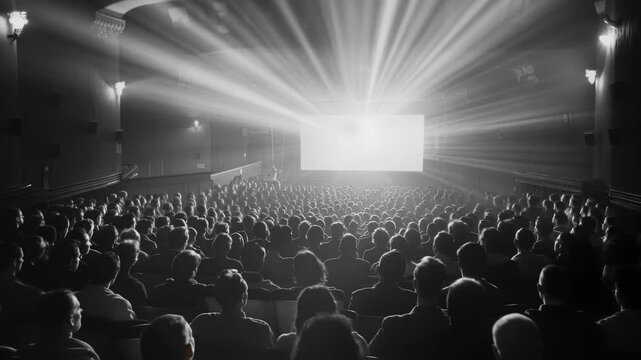Black and white video concept of a packed theater, captured from the back. Dramatic light beams from the screen create a nostalgic atmosphere. Live desktop wallpaper.