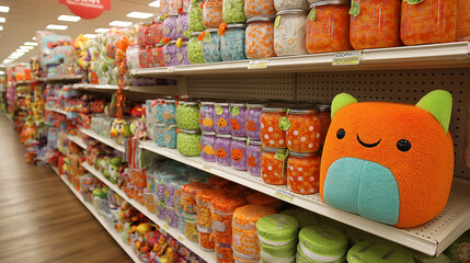 Colorful Halloween Plush Toys and Decorations in Store Aisle