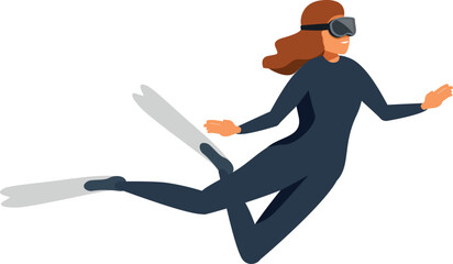 Woman in diving suit swimming underwater, exploring sea depths and marine life