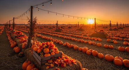 Pumpkin patch at sunset with hay bales and decorative autumn leaves for festive harvest atmosphere