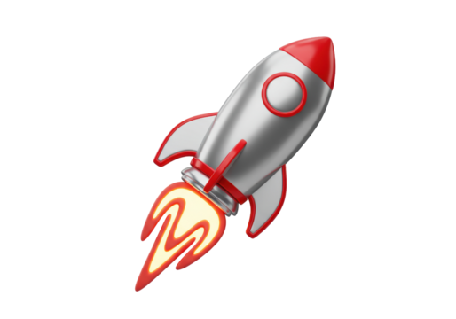 Silver and red cartoon rocket ship PNG isolated on transparent background, startup concept for business and technology