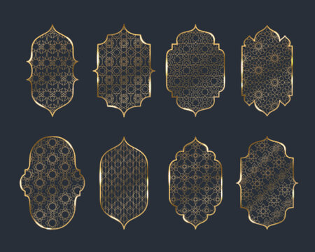Arab windows with gold geometric patterns on dark bg for Islamic architecture and mosque design. Oriental ornamental frames with motifs, traditional arabesque details and elegant decorative elements.