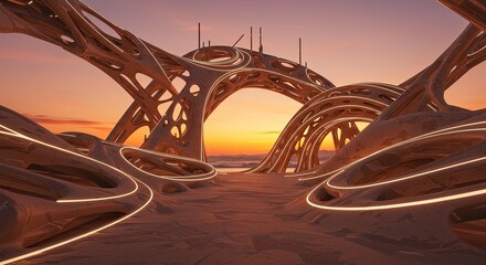 A breathtaking, intricate structure of a futuristic, organic design, bathed in the warm glow of a sunset, stretches across a desert landscape.