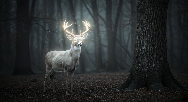 Glowing Antlered Deer Standing in Mystical Dark Forest with Fog