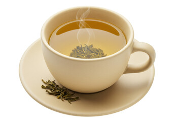 Steaming cup of green tea with loose leaves isolated, healthy beverage for relaxation and wellness in PNG format