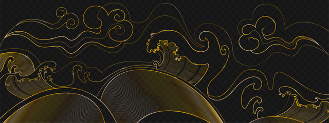 Japanese water wave patterns with golden line art and swirling ocean motifs for oriental design. Traditional curved elements on dark bg. Decorative sea illustration with flowing shapes and foam. © klyaksun