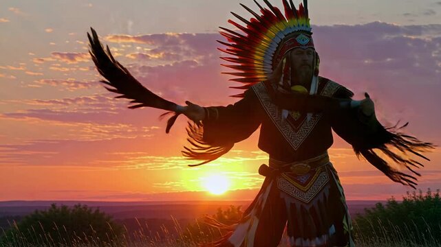 Experience the vibrant energy of a Native American powwow dancer silhouetted against a stunning sunset in this captivating 4K video footage