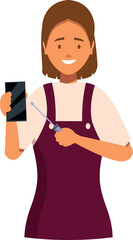 Female technician smiling and preparing to repair mobile phone using screwdriver, electronic repair shop service concept