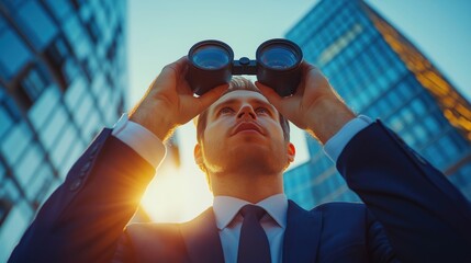 A businessman using binoculars to look up at the towering skyscrapers around him, with the sun's rays bursting behind him. The image powerfully symbolizes foresight, vision, and ambition.
