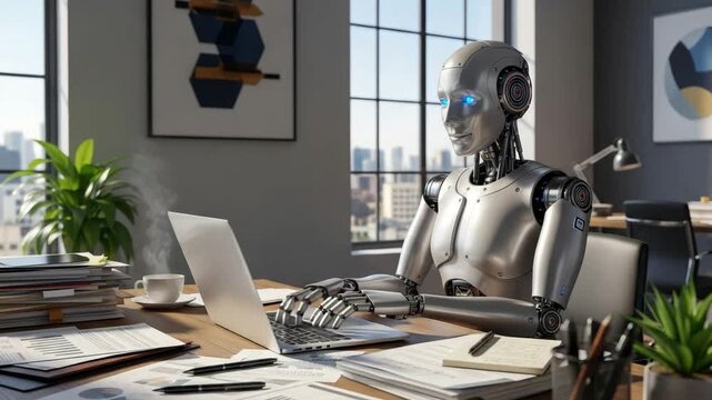 Futuristic robot working on laptop in bright office, analyzing data and optimizing algorithms