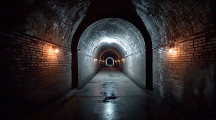 Obraz premium A long, dark, and abandoned brick tunnel with a wet, reflective floor and a series of dim, glowing lights leading into the distance.