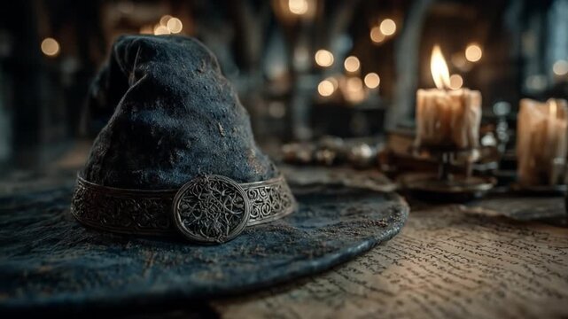 Mysterious hat rests atop old paper with candles in a dimly lit room