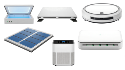 Modern Home Appliances and Smart Technology Collection: Robot Vacuum, Air Purifier, UV Sterilizer, and Solar Panel
